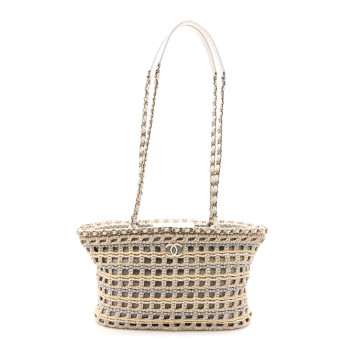 CHANEL Cotton Crochet Le Panier Small Shopping Bag Beige White Blue Yellow