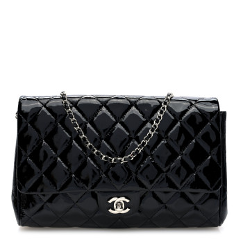 CHANEL Patent Quilted Clutch with Chain Flap Black