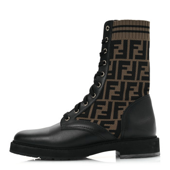 FENDI Calfskin Stretch Fabric FF Rockoko Biker Boots 40 Black Tobacco