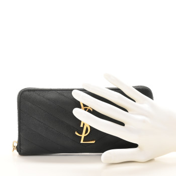 SAINT LAURENT Grain De Poudre Matelasse Chevron Monogram Zip Around Wallet Black