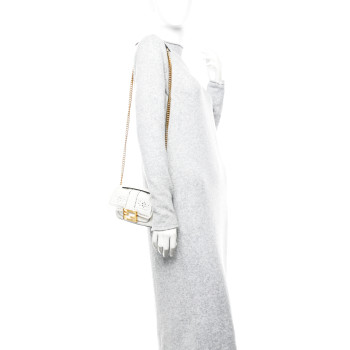 FENDI Nappa Apolo Floral Embroidered Mini Chain Baguette White