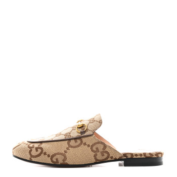 GUCCI Monogram Jumbo GG Malaga Kid Womens Princetown Slippers 39 Camel Ebony New Acero Beige