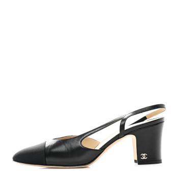 CHANEL Goatskin Grosgrain Cap Toe CC Slingback Sandals 39 Black