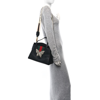 GUCCI Grained Calfskin Web Crystal Butterfly Stripe Medium Totem Top Handle Bag Black