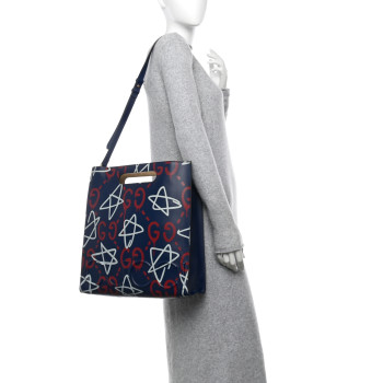 GUCCI Calfskin GucciGhost Medium XL Tote Blue Agata Hibiscus Red
