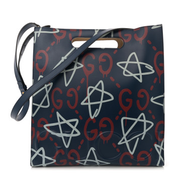 GUCCI Calfskin GucciGhost Medium XL Tote Blue Agata Hibiscus Red