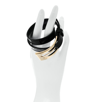SAINT LAURENT Calfskin Crocodile Embossed Double Wrap Buckle Bracelet M Black Gold