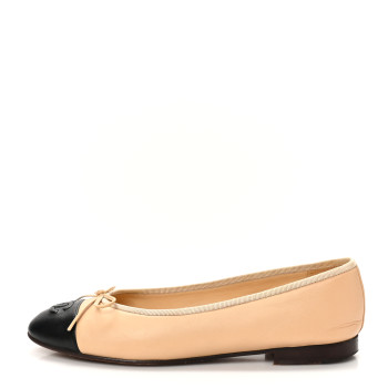 CHANEL Lambskin Cap Toe CC Ballerina Flats 38 Beige Black
