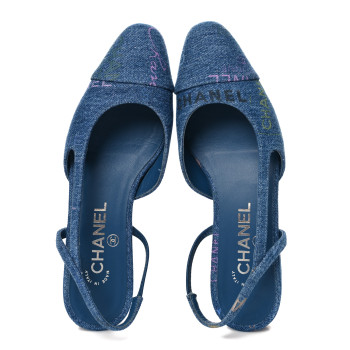 CHANEL Denim Printed Denim Mood Cap Toe CC Slingback Flats 36 Light Blue Multicolor