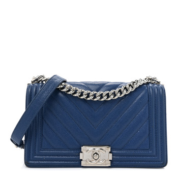 CHANEL Caviar Chevron Quilted Medium Boy Flap Navy