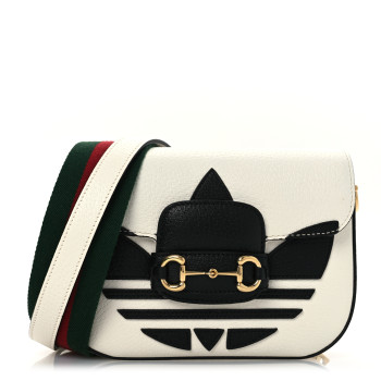 GUCCI X ADIDAS Textured Dollar Calfskin Web Trefoil Mini Horsebit 1955 Shoulder Bag Off White Black