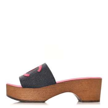 CHANEL Fabric Suede Calfskin Wooden CC Clogs  37 Dark Grey Fuchsia