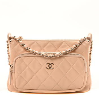 CHANEL Shiny Crumpled Lambskin Quilted Small Clutch With Chain  Light Beige