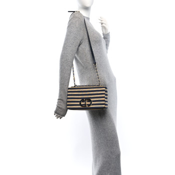 CHRISTIAN DIOR Canvas Striped Cannage Medium Caro Bag Beige Navy