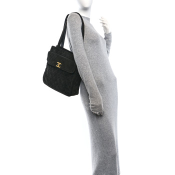 CHANEL Suede Quilted CC Shopping Tote Black