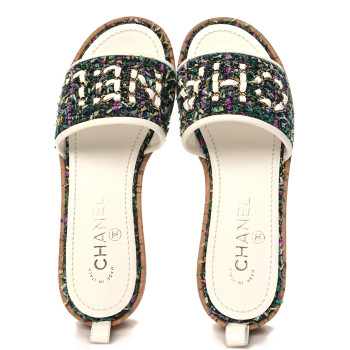 CHANEL Tweed Cork CC Chain Mule Sandal 36.5 Green Multicolor