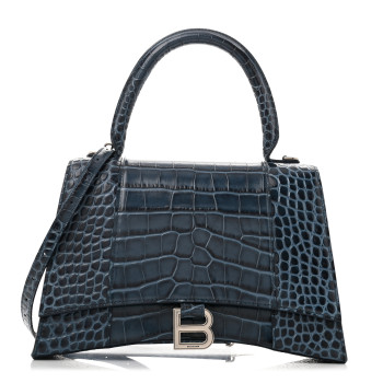 BALENCIAGA Shiny Calfskin Crocodile Embossed Medium Hourglass Top Handle Bag Denim Blue