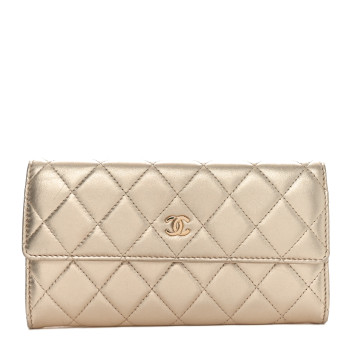 CHANEL Metallic Lambskin Quilted Large Gusset Flap Wallet Gold