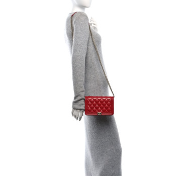 CHANEL Caviar Quilted Boy Wallet On Chain WOC Red
