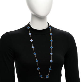 VAN CLEEF & ARPELS 18K Yellow Gold Blue Agate 20 Motifs Vintage Alhambra Necklace