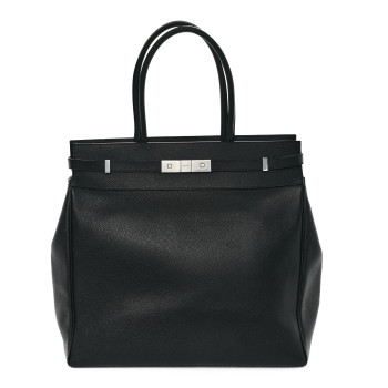 SAINT LAURENT Grained Calfskin Manhattan North South Shopper Tote Black