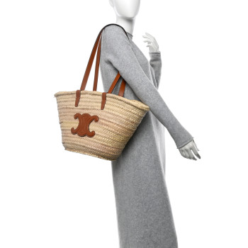 CELINE Raffia Calfskin Triomphe Medium Panier Tan