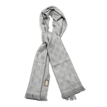 GUCCI Wool Jacquard GG Monogram Sten Fringe Scarf Zinc Light Grey