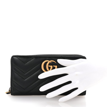 GUCCI Calfskin Matelasse GG Marmont Zip Around Wallet Black