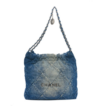 CHANEL Denim Quilted Small Chanel 22 Blue