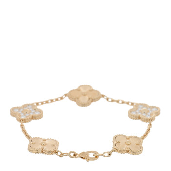 VAN CLEEF & ARPELS 18K Yellow Gold Diamond 5 Motifs Guilloche Vintage Alhambra Bracelet