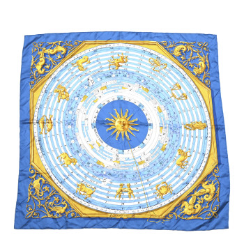 HERMES Silk Astrologie Scarf 90 Light Blue White Gold