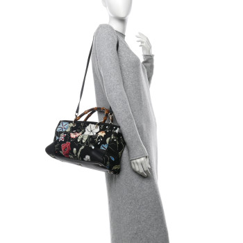 GUCCI Canvas Cellarius Calfskin Flora Knight Medium Bamboo Shopper Tote Black