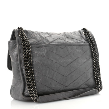 SAINT LAURENT Crinkled Calfskin Matelasse Monogram Medium Niki Chain Satchel Fog