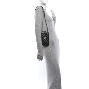CHANEL Lambskin Quilted Phone Clutch With Chain Black