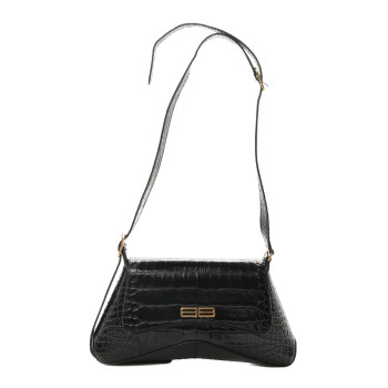 BALENCIAGA Shiny Super Supple Calfskin Crocodile Embossed Medium XX Flap Bag Black