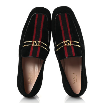 GUCCI Suede Web Womens Loafers 38.5 Black