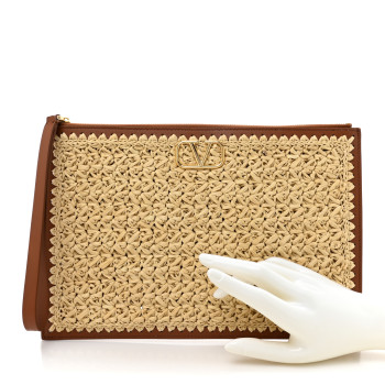 VALENTINO GARAVANI Raffia Calfskin Vlogo Signature Zip Pouch Naturale Brown