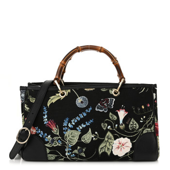 GUCCI Canvas Cellarius Calfskin Flora Knight Medium Bamboo Shopper Tote Black