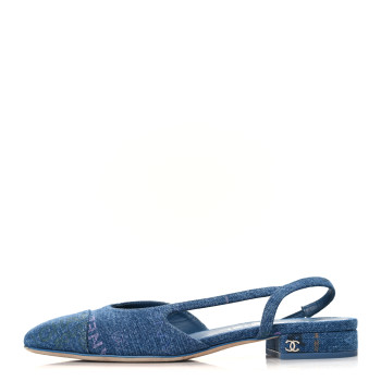 CHANEL Denim Printed Denim Mood Cap Toe CC Slingback Flats 36 Light Blue Multicolor