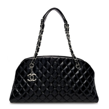 CHANEL Patent Quilted Medium Just Mademoiselle Bowling Bag Black