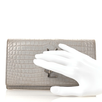 SAINT LAURENT Calfskin Crocodile Embossed Monogram Flap Wallet Mouse Gray