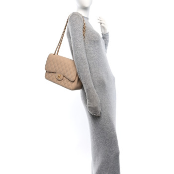 CHANEL Caviar Quilted Jumbo Double Flap Beige