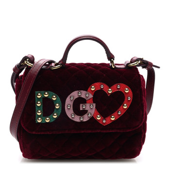 DOLCE & GABBANA Velvet Quilted Embellished DG Girls Top Handle Bag Burgundy