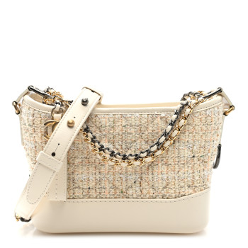 CHANEL Tweed Calfskin Quilted Small Gabrielle Hobo Beige Ivory