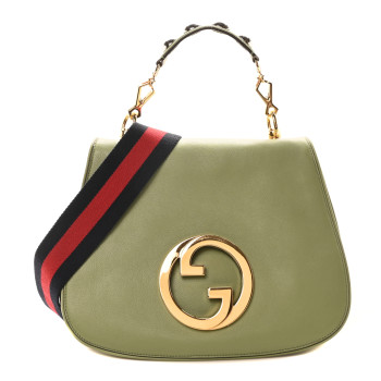 GUCCI Roxy Calfskin Web Medium Blondie Top Handle Shoulder Flap Bag Salamander Green