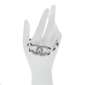 CHANEL Pearl Crystal CC Bracelet Silver