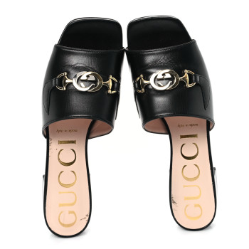 GUCCI Malaga Kid Zumi Mid Heel Slide Sandals 38 Black