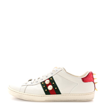 GUCCI Calfskin Web Pearl Studded Womens Ace Sneakers 38 White