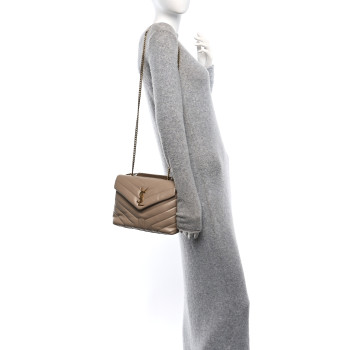 SAINT LAURENT Calfskin Y Quilted Monogram Small Loulou Chain Satchel Dark Beige