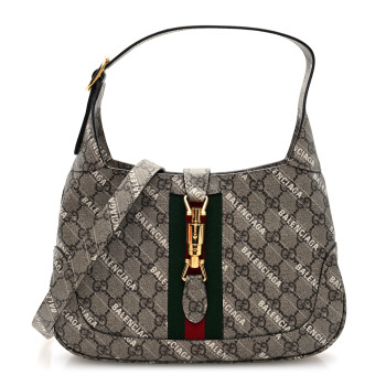 GUCCI X BALENCIAGA GG Supreme Monogram Striped Logo Print Web Small Jackie 1961 Hobo Beige Ebony Mystic White